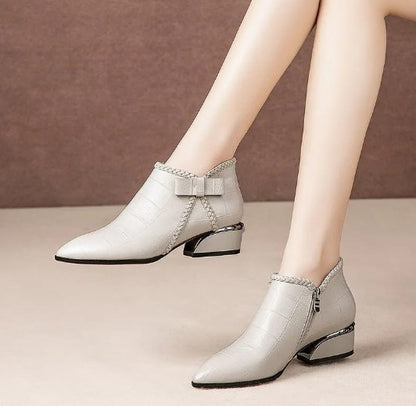 ✨【Nové jesenné produkty】🔥【35-42】Jesenné a zimné čižmy 2025 so stredným podpätkom a bočným zipsom s mašľou -- Vlnené čižmy vás zahrejú