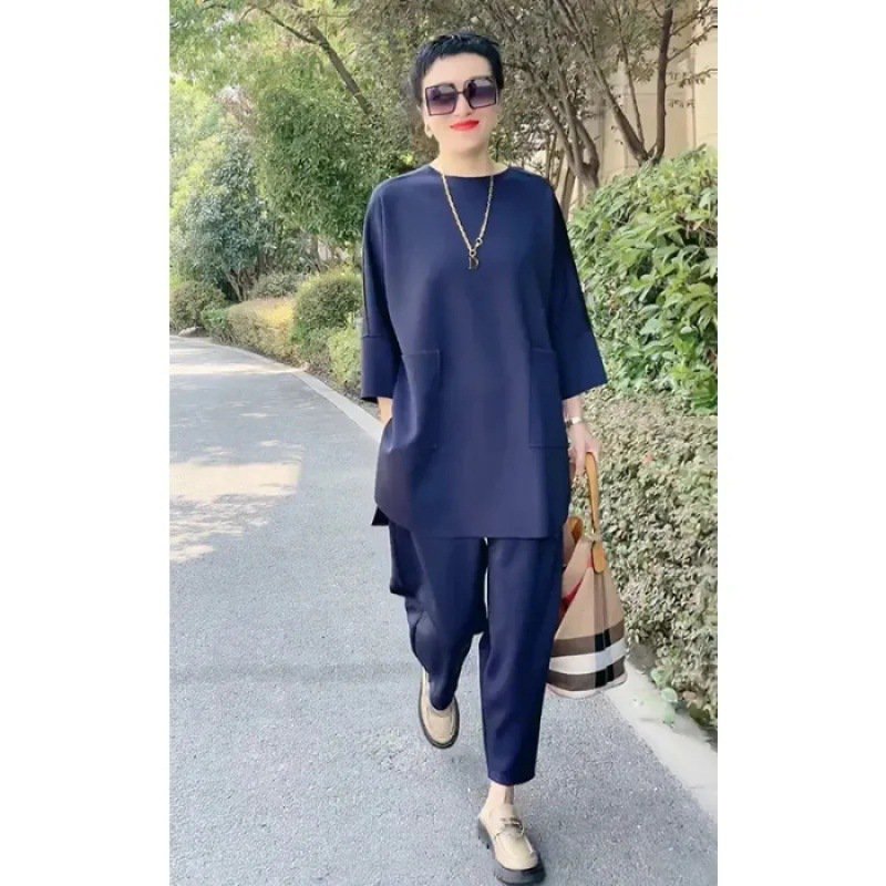 【M-3XL】 2025 noi de primăvară și vară culoare uni topuri casual din două piese + pantaloni
