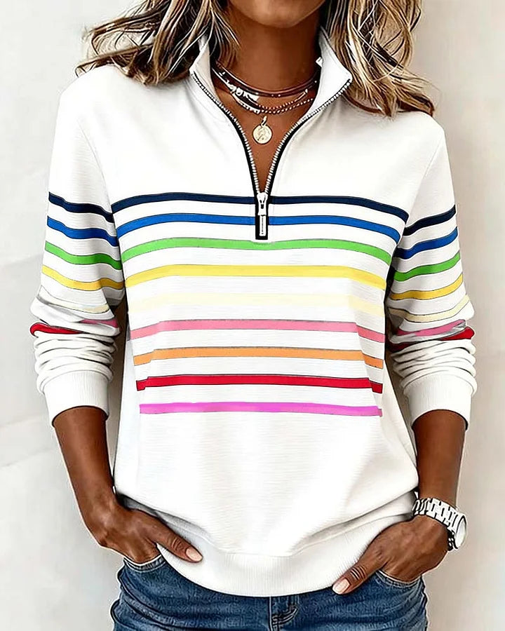 👚【S-5XL】Νέο γυναικείο τοπ φθινόπωρο-χειμώνας με πολύχρωμες ρίγες, σχέδιο με μισό φερμουάρ και όρθιο γιακά