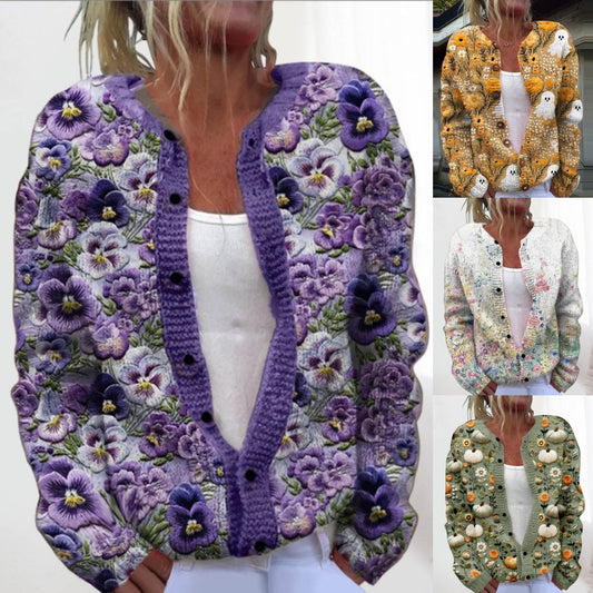 💥Štýlový a teplý dámsky jesenný a zimný pletený kardigan s potlačou