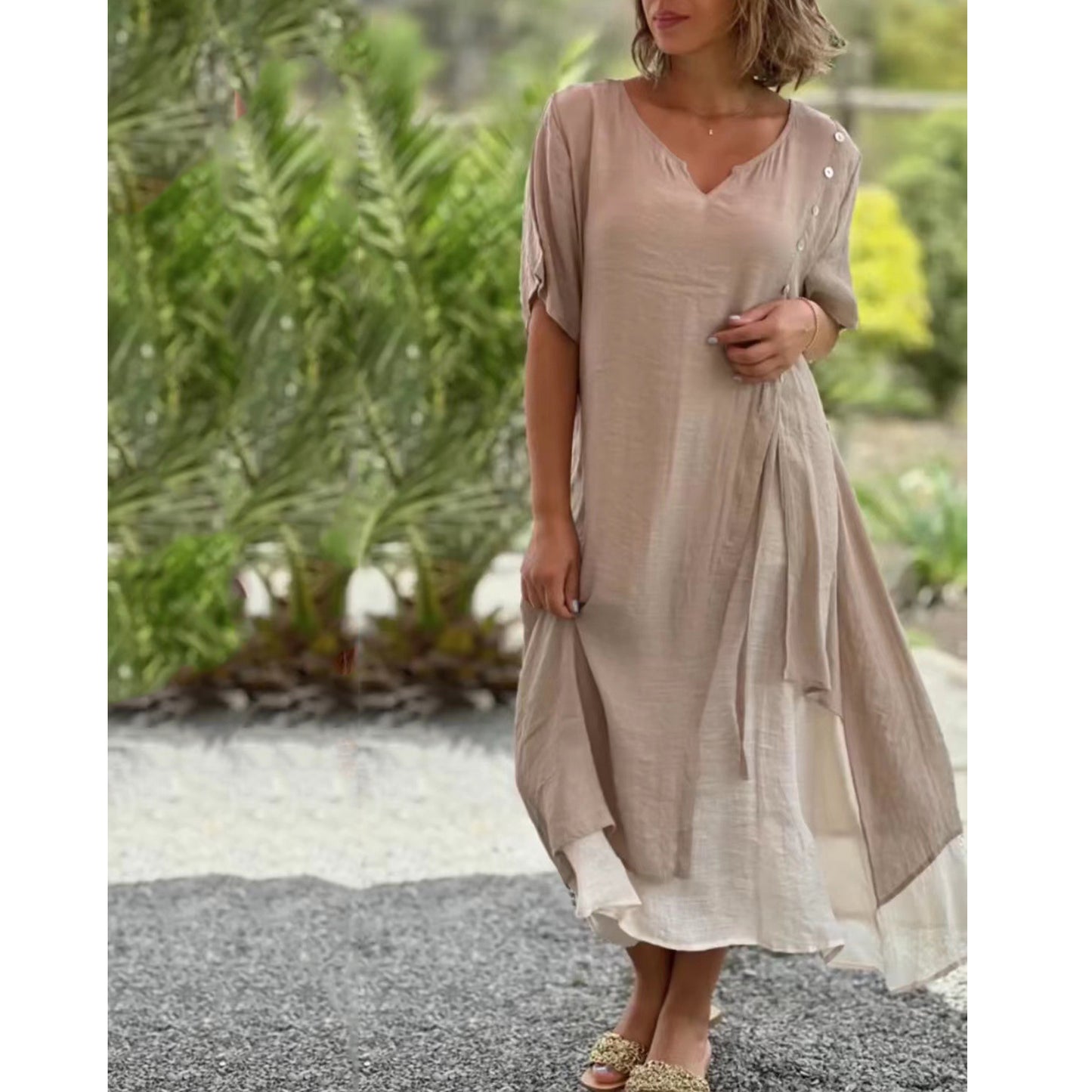 💗【S-4XL】Rochie elegantă cu decolteu în V din bumbac cu două piese neregulate