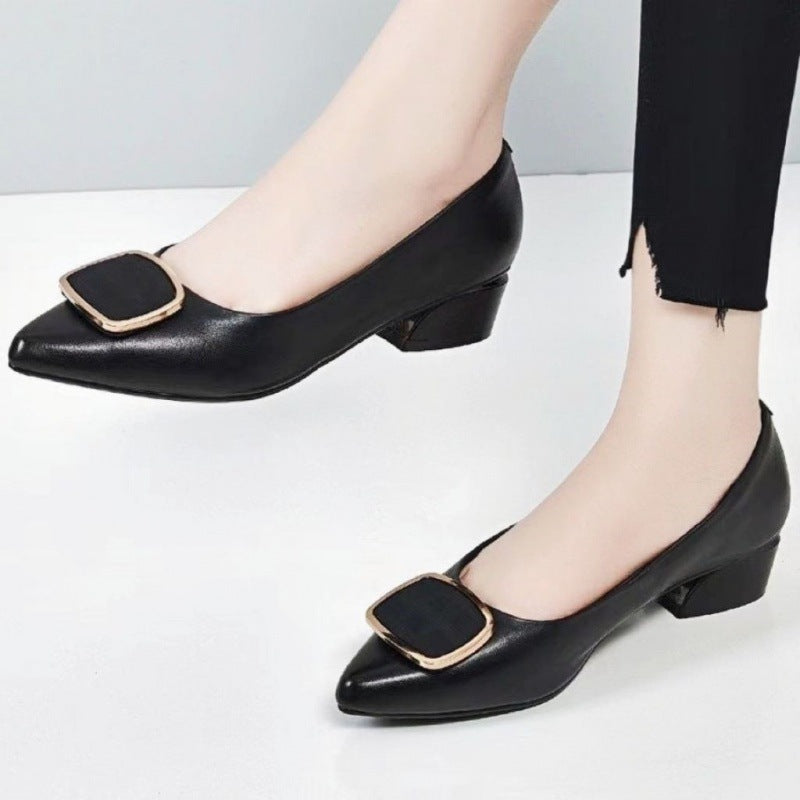 🔥【35-41】Botas de tacón grueso de piel auténtica para mujer, zapatos de trabajo con punta puntiaguda y suela blanda, hebilla cuadrada y boca pequeña, 2025
