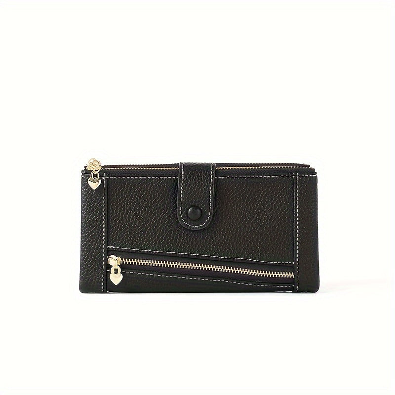 Cartera retro de cuero genuino con doble cremallera y ranura para múltiples tarjetas para mujer