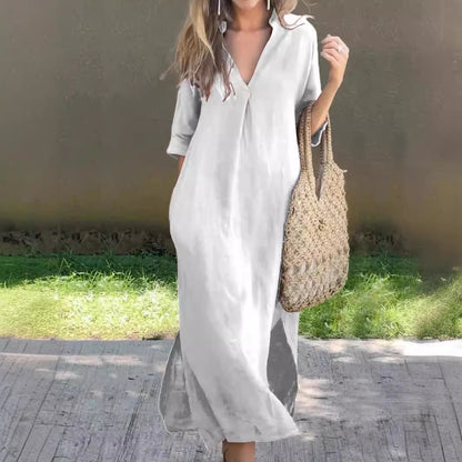 🌿💃【Reducere 50% 🔥】【S–3XL】Rochie nouă pentru femei, mărimi mari, lungă, din bumbac și in, cu decolteu în V și deschizături laterale