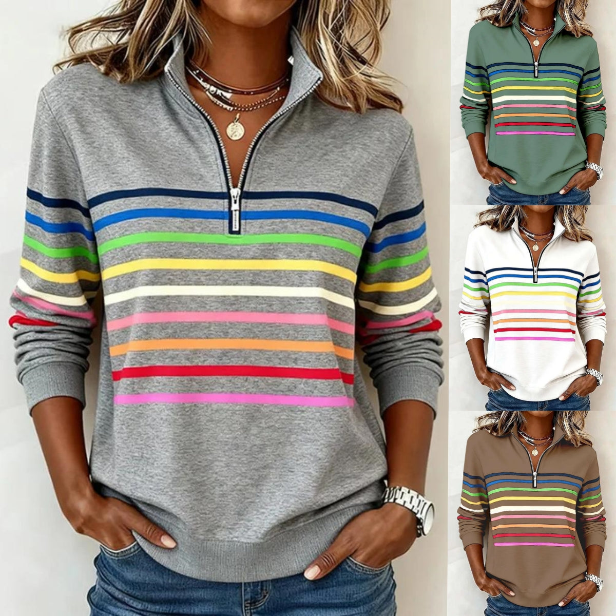 👚【S-5XL】Νέο γυναικείο τοπ φθινόπωρο-χειμώνας με πολύχρωμες ρίγες, σχέδιο με μισό φερμουάρ και όρθιο γιακά