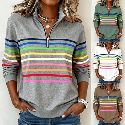 👚【S-5XL】Νέο γυναικείο τοπ φθινόπωρο-χειμώνας με πολύχρωμες ρίγες, σχέδιο με μισό φερμουάρ και όρθιο γιακά