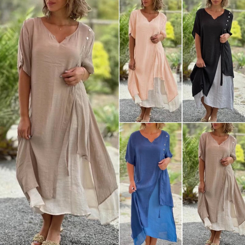 💗【S-4XL】Rochie elegantă cu decolteu în V din bumbac cu două piese neregulate