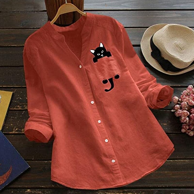 ✨🌿【S-3XL】Camisa de algodón con cuello en V y manga larga con estampado de gato, nueva moda de otoño 2025