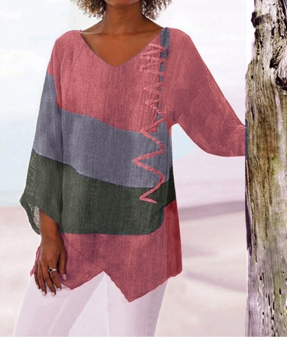 😍【S~5XL】Dámský elegantní ležérní top s výstřihem do V a dlouhým rukávem, uměleckým vzorem a potiskem