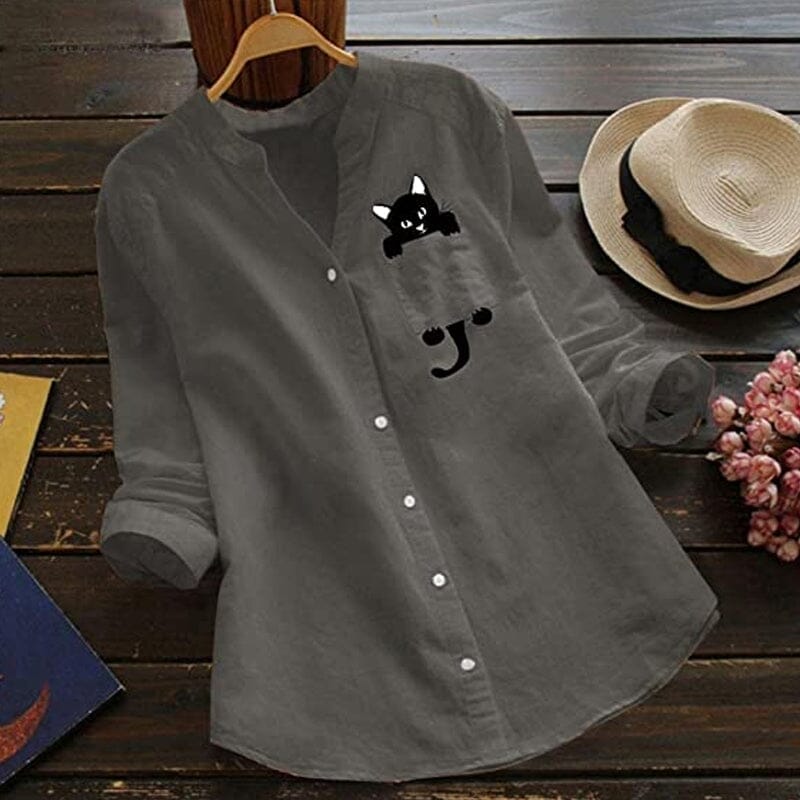 ✨🌿【S-3XL】Camisa de algodón con cuello en V y manga larga con estampado de gato, nueva moda de otoño 2025