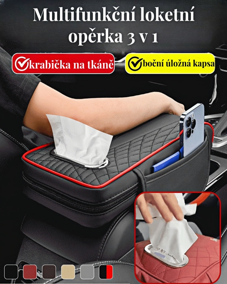 Multifunkční kožený organizér do auta 3 v 1 – box na kapesníky a úložná taška na loketní opěrku, slouží také jako podložka pod loket, kompatibilní s různými typy vozidel.