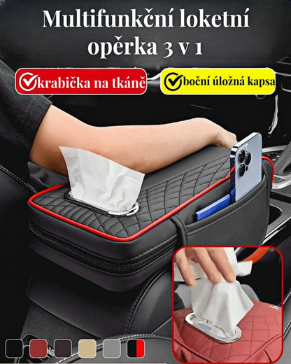 Multifunkční kožený organizér do auta 3 v 1 – box na kapesníky a úložná taška na loketní opěrku, slouží také jako podložka pod loket, kompatibilní s různými typy vozidel.