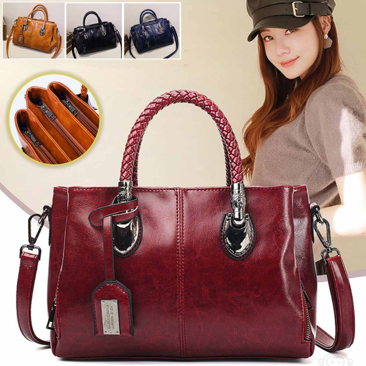 👜 Geantă retro din piele de vacă Boston pentru femei, geantă din piele moale, poate fi purtată cu un singur umăr