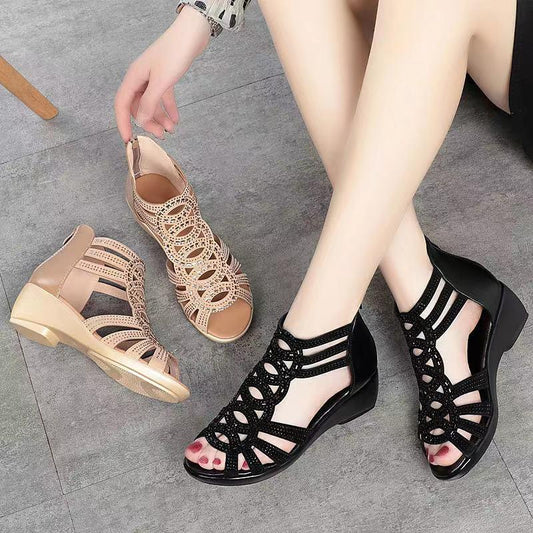 【35-40】2025 nuevo hueco transpirable sandalias medias altas suela suave cuero suave moda elástica