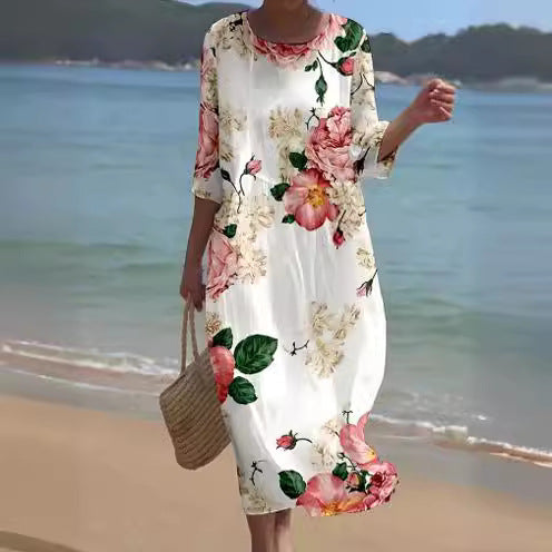 ❤️🔥【3-8XL】 2025 rochie nouă, cu mânecă mijlocie, cu imprimeu cu flori, cu gât rotund