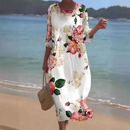 ❤️🔥【3-8XL】 2025 rochie nouă, cu mânecă mijlocie, cu imprimeu cu flori, cu gât rotund