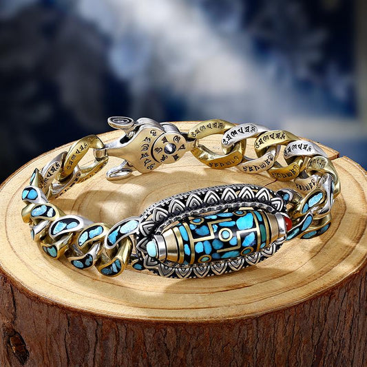 Pulsera de plata 925, mantra de seis caracteres turquesa vintage con cuentas de transferencia
