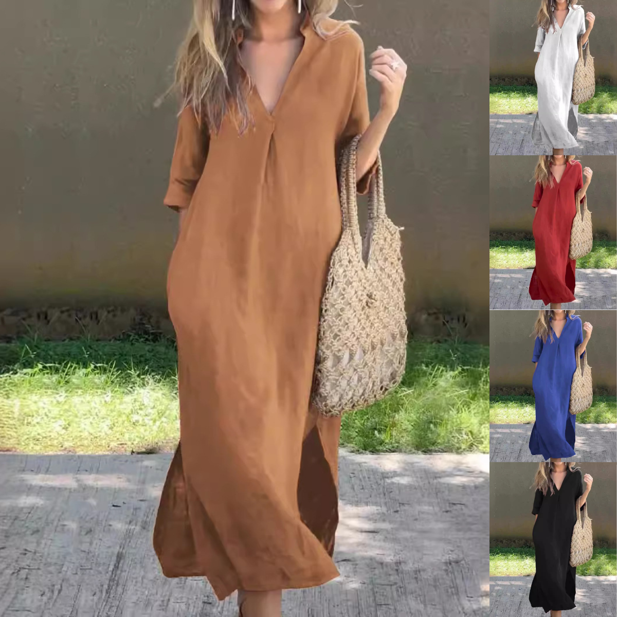 🌿💃【Reducere 50% 🔥】【S–3XL】Rochie nouă pentru femei, mărimi mari, lungă, din bumbac și in, cu decolteu în V și deschizături laterale