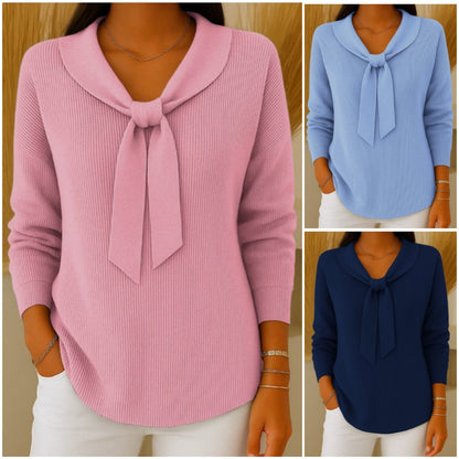 🎀【S-2XL】Dámsky jednofarebný sveter s dlhým rukávom a zaväzovaním v motýľovom vzore, ležérny a voľný strih.