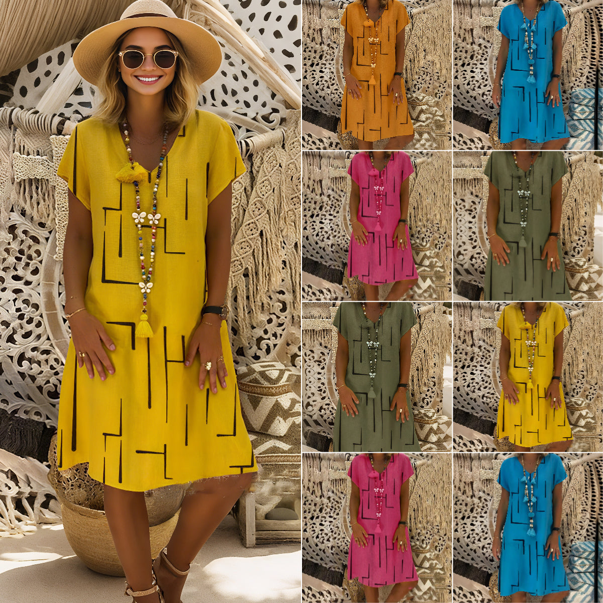 ⏳【50% OFF】👗【S-5XL】Potištěné bavlněné šaty s výstřihem do V