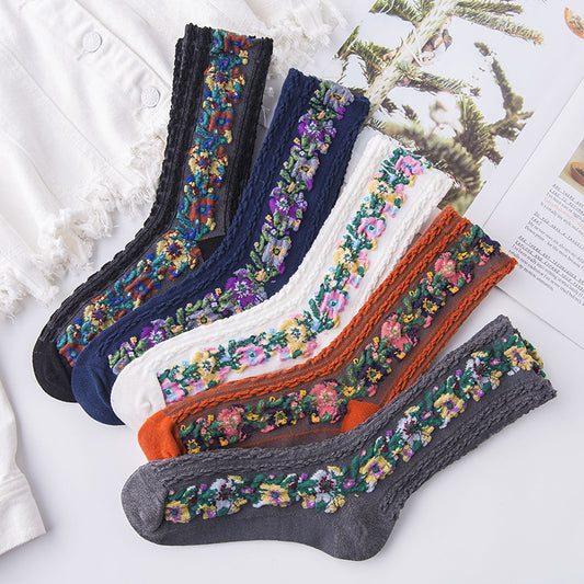💐【5 pares】🧦Nuevas medias de algodón florales retro retorcidas de otoño e invierno