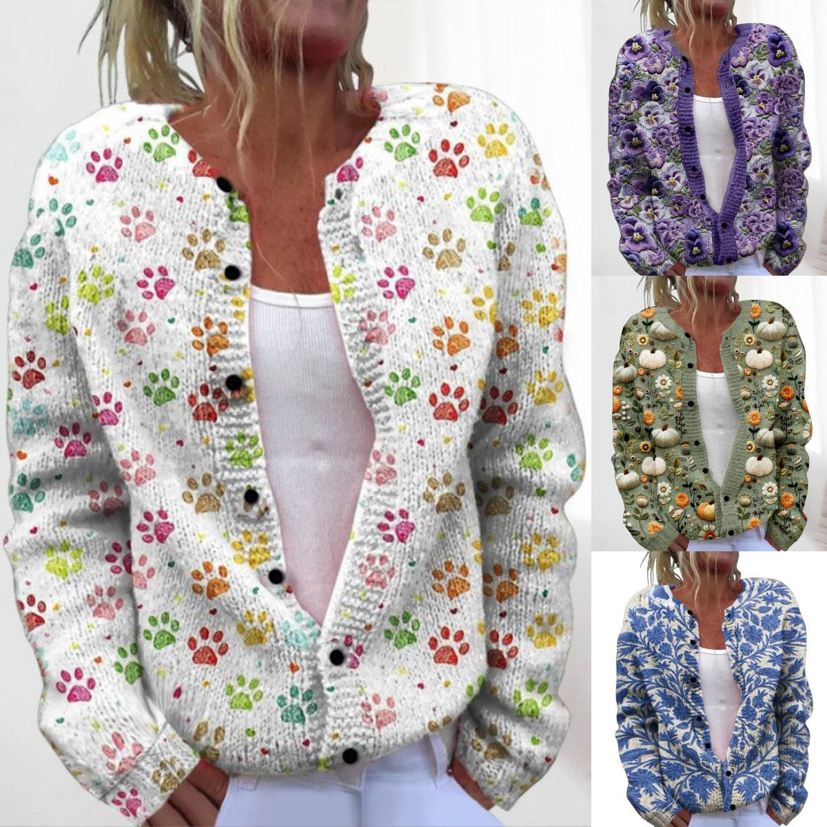 💥Štýlový a teplý dámsky jesenný a zimný pletený kardigan s potlačou