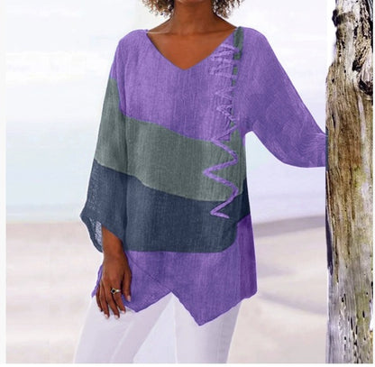 😍【S~5XL】Dámský elegantní ležérní top s výstřihem do V a dlouhým rukávem, uměleckým vzorem a potiskem