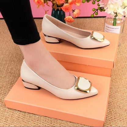 🔥【35-41】Botas de tacón grueso de piel auténtica para mujer, zapatos de trabajo con punta puntiaguda y suela blanda, hebilla cuadrada y boca pequeña, 2025