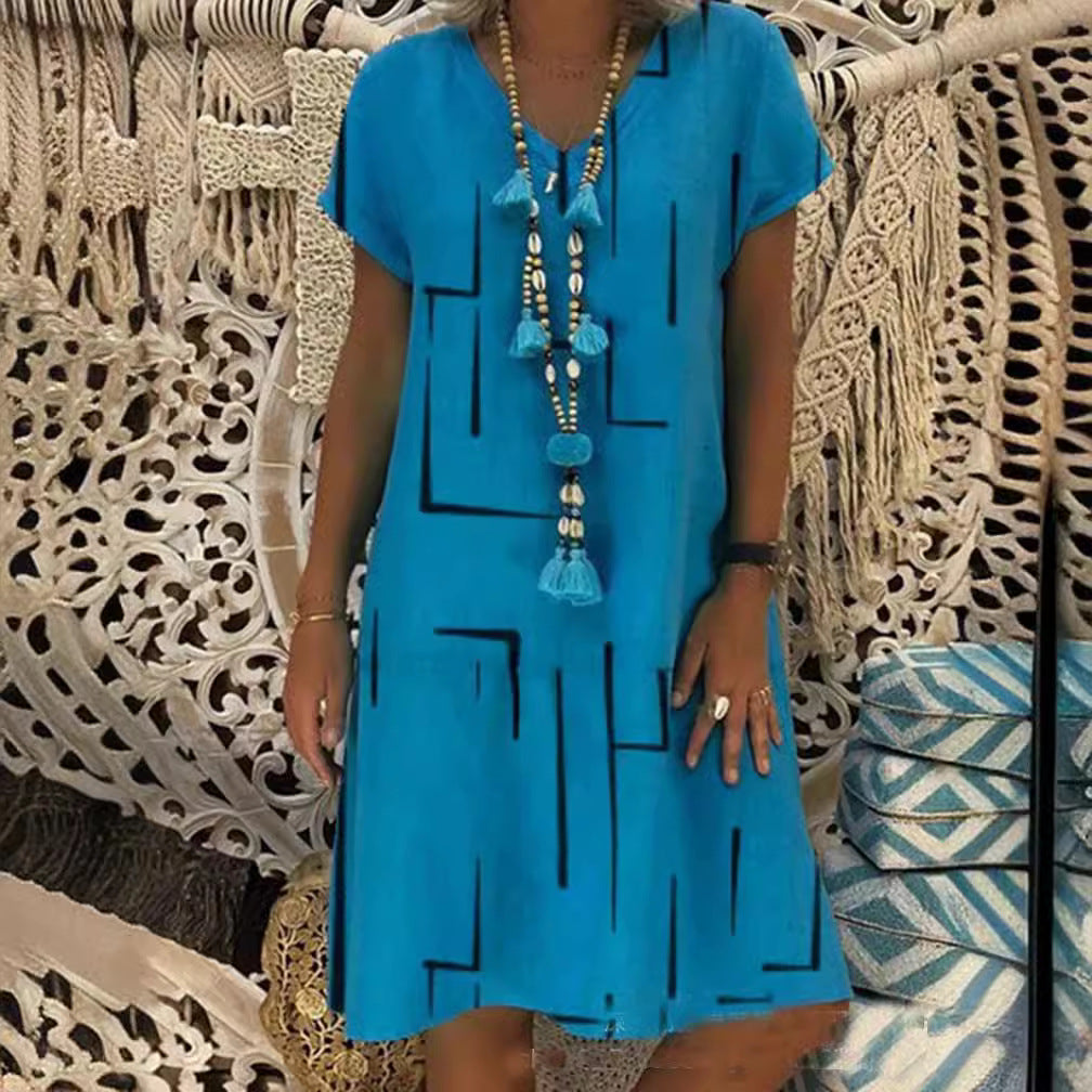 ⏳【50% OFF】👗【S-5XL】Potištěné bavlněné šaty s výstřihem do V