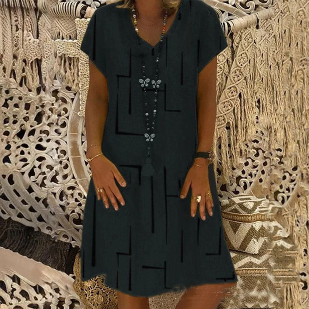⏳【50% OFF】👗【S-5XL】Potištěné bavlněné šaty s výstřihem do V