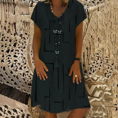 ⏳【50% OFF】👗【S-5XL】Potištěné bavlněné šaty s výstřihem do V