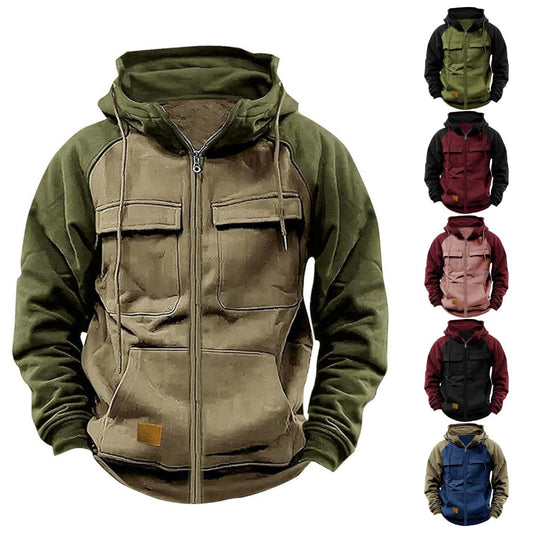 【S-3XL】Nová pánska jesenno-zimná voľná patchworková bunda s kapucňou
