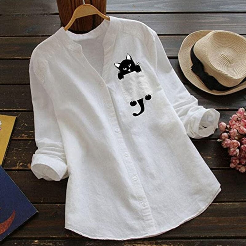 ✨🌿【S-3XL】Camisa de algodón con cuello en V y manga larga con estampado de gato, nueva moda de otoño 2025