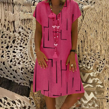 ⏳【50% OFF】👗【S-5XL】Potištěné bavlněné šaty s výstřihem do V