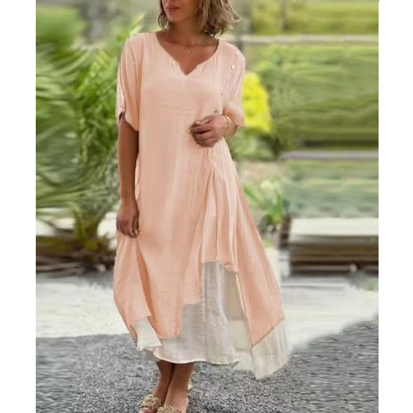 💗【S-4XL】Rochie elegantă cu decolteu în V din bumbac cu două piese neregulate