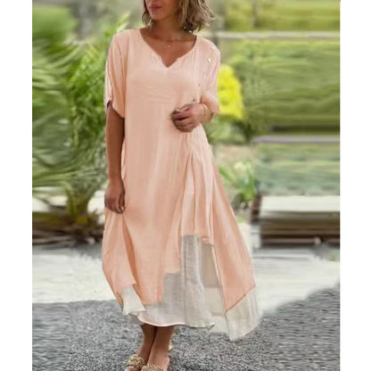 💗【S-4XL】Rochie elegantă cu decolteu în V din bumbac cu două piese neregulate