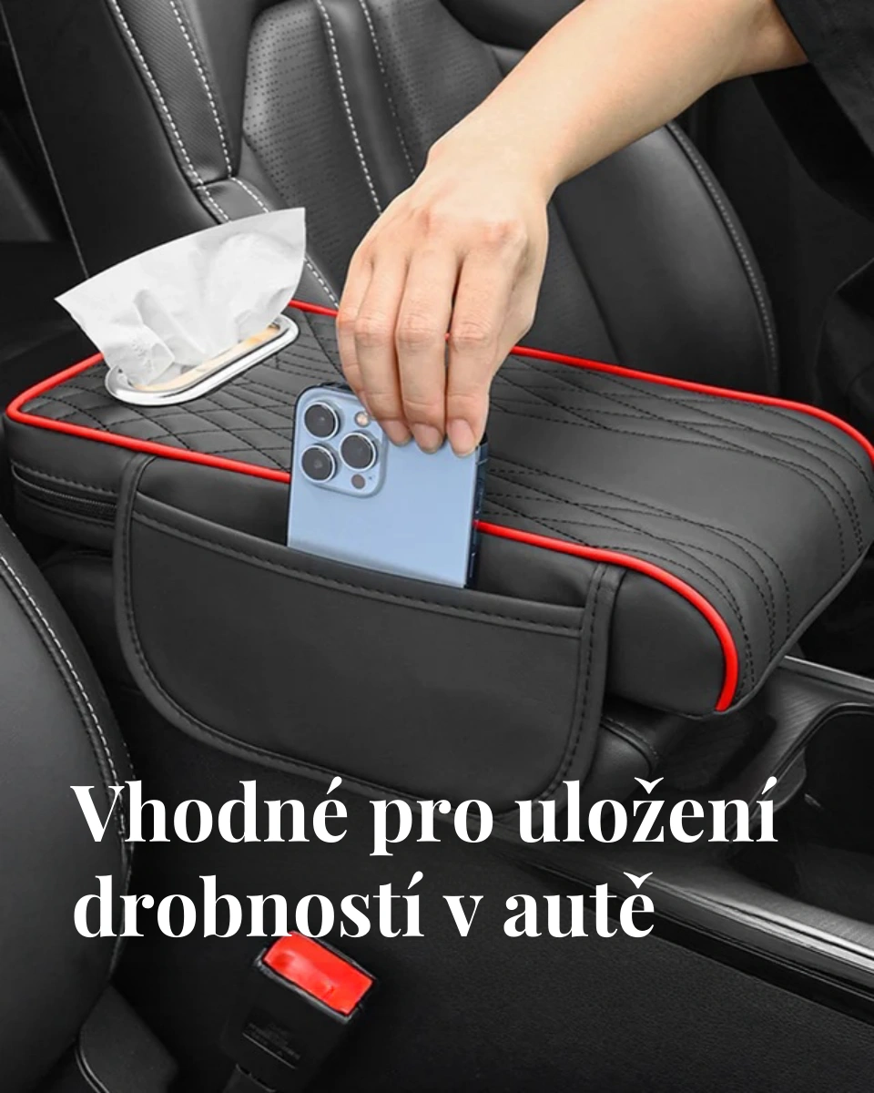 Multifunkční kožený organizér do auta 3 v 1 – box na kapesníky a úložná taška na loketní opěrku, slouží také jako podložka pod loket, kompatibilní s různými typy vozidel.