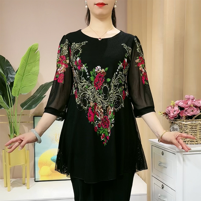 【L-5XL】Camisa de gasa con flores bordadas a la moda 2025 para mujer