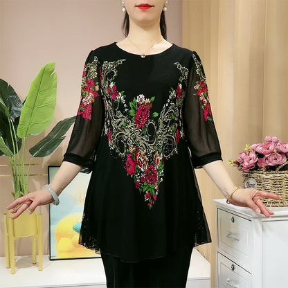 【L-5XL】Camisa de gasa con flores bordadas a la moda 2025 para mujer