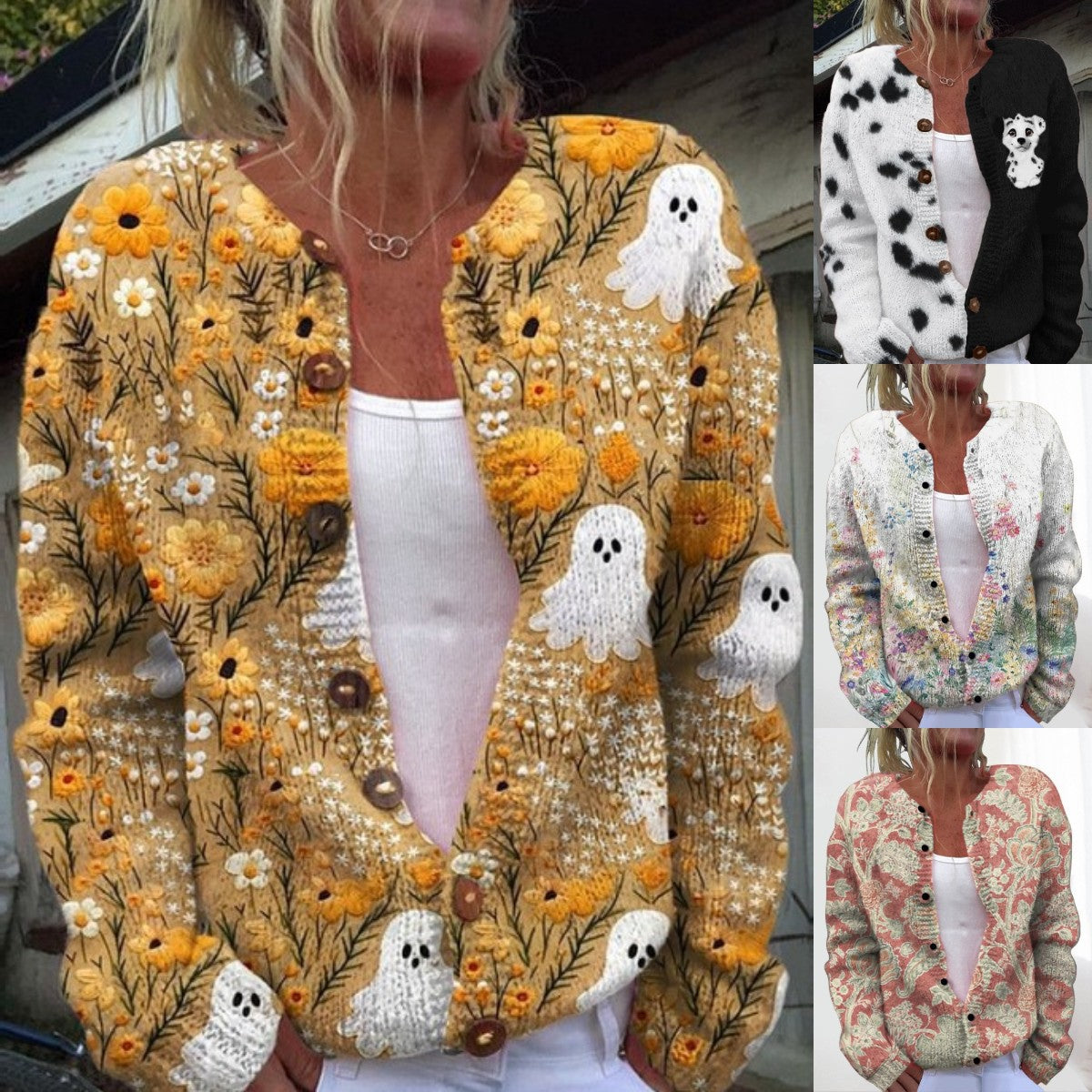 💥Štýlový a teplý dámsky jesenný a zimný pletený kardigan s potlačou