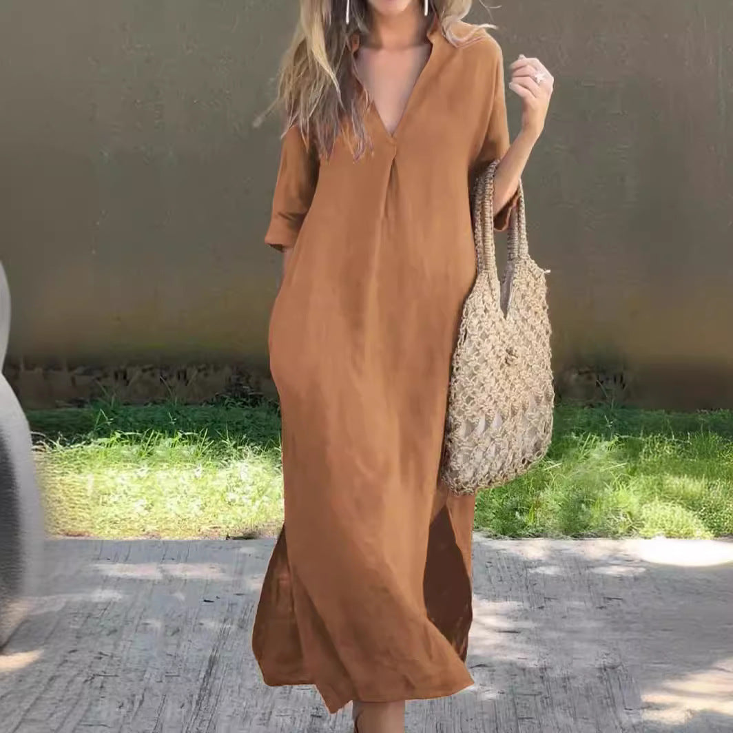 🌿💃【Reducere 50% 🔥】【S–3XL】Rochie nouă pentru femei, mărimi mari, lungă, din bumbac și in, cu decolteu în V și deschizături laterale
