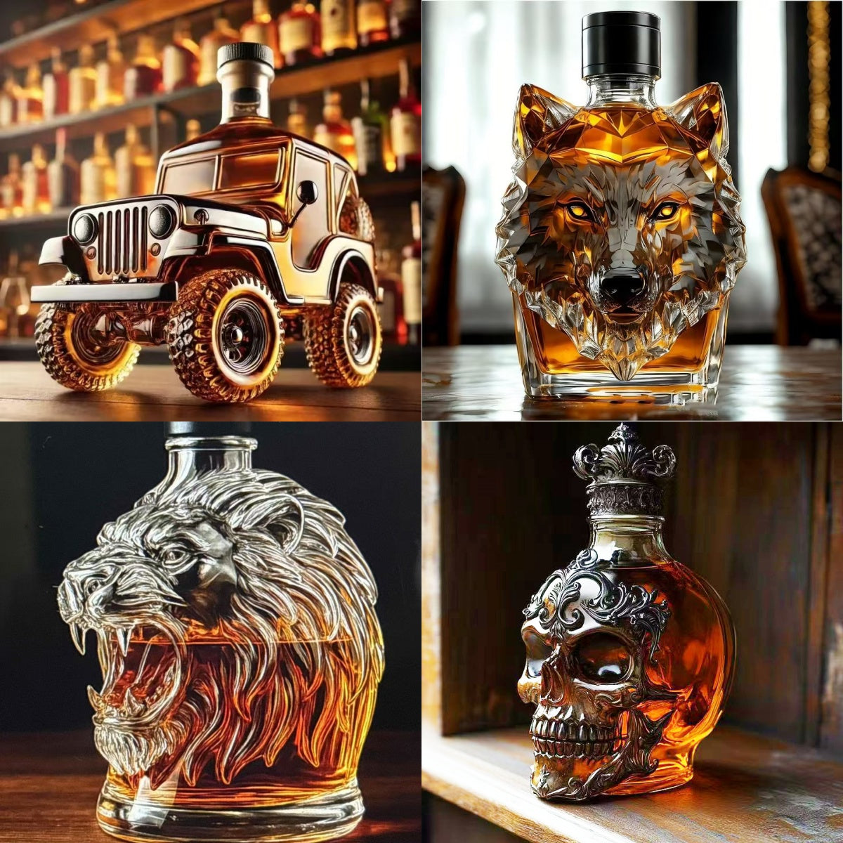 🍾🥃Juego de botellas de whisky con diseño divertido (300–320 ml) ｜4 diseños creativos y únicos ｜Regalo original y decoración genial para bar【No se vende alcohol】