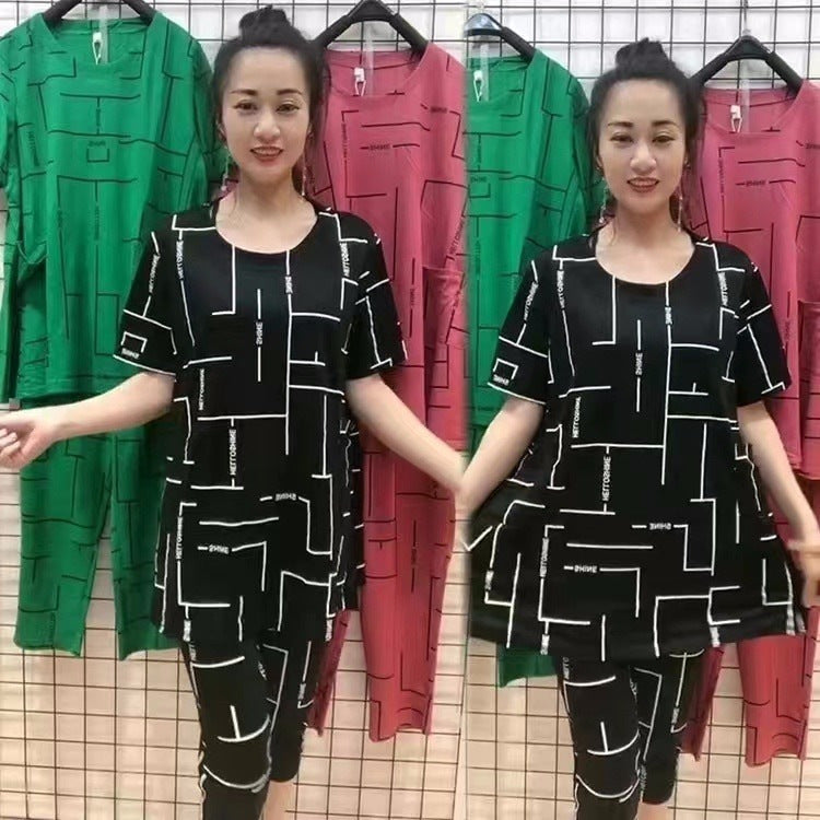【Top + Pantaloni】🔥Costum de femeie cu mânecă scurtă, stil nou 2025, lejer, pentru femei de vârstă mijlocie și în vârstă