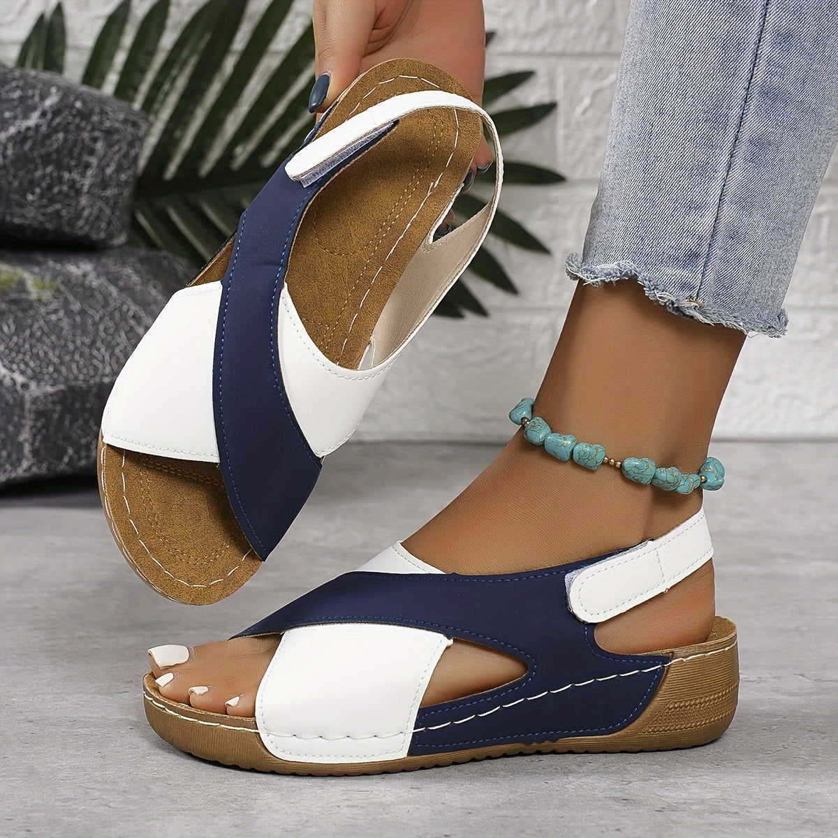 【36-43】 Sandalias de cuña en contraste para mujer Sandalias cómodas con tira en el tobillo