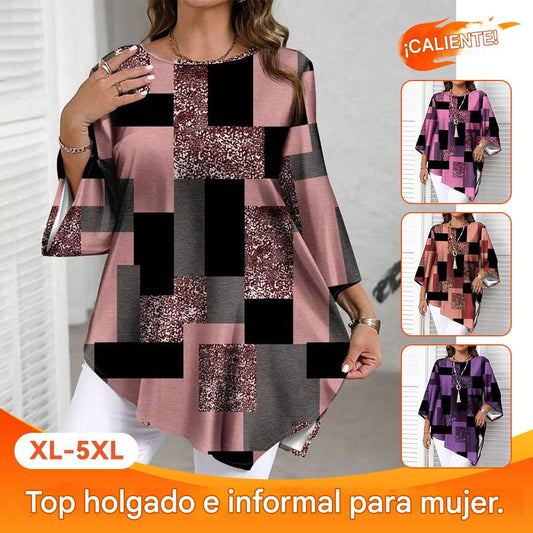 【XL-5XL】Camisa informal de talla grande para mujer, corte holgado, ideal para primavera/verano, con diseño de dobladillo irregular.