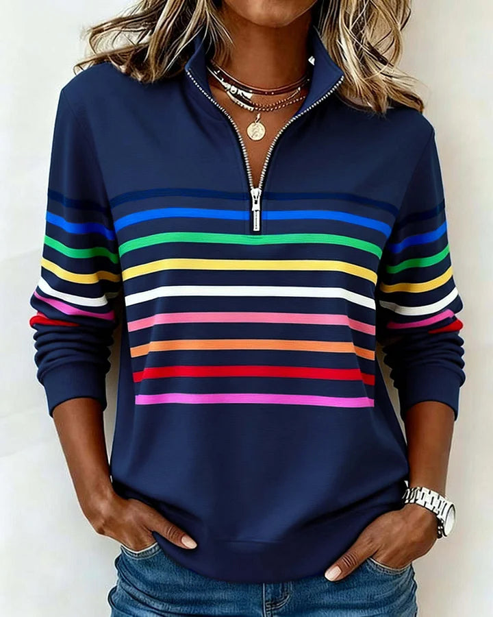 👚【S-5XL】Νέο γυναικείο τοπ φθινόπωρο-χειμώνας με πολύχρωμες ρίγες, σχέδιο με μισό φερμουάρ και όρθιο γιακά