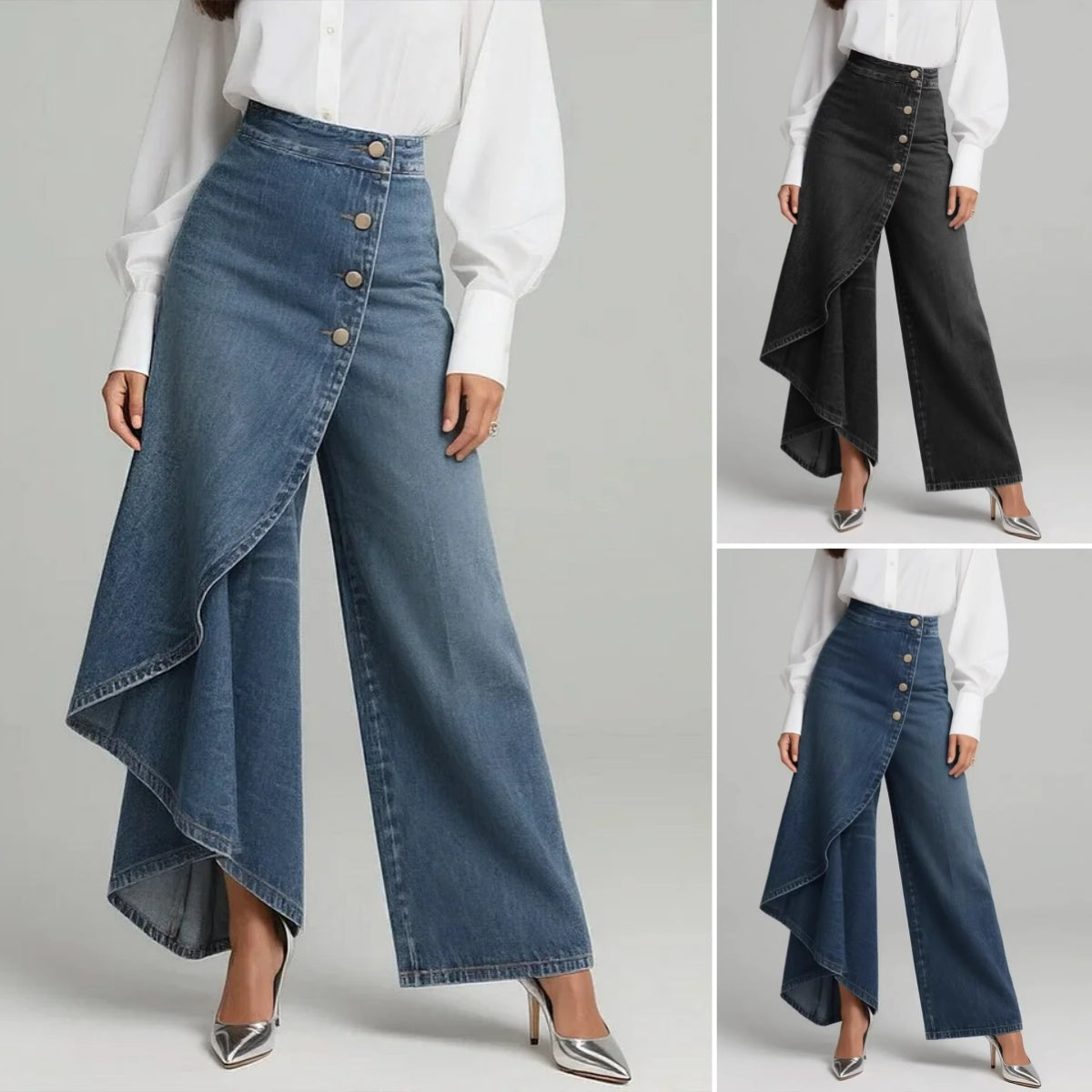 ✨ Dámské džíny s vysokým pasem a širokými nohavicemi, volného střihu, s elegantním designem.