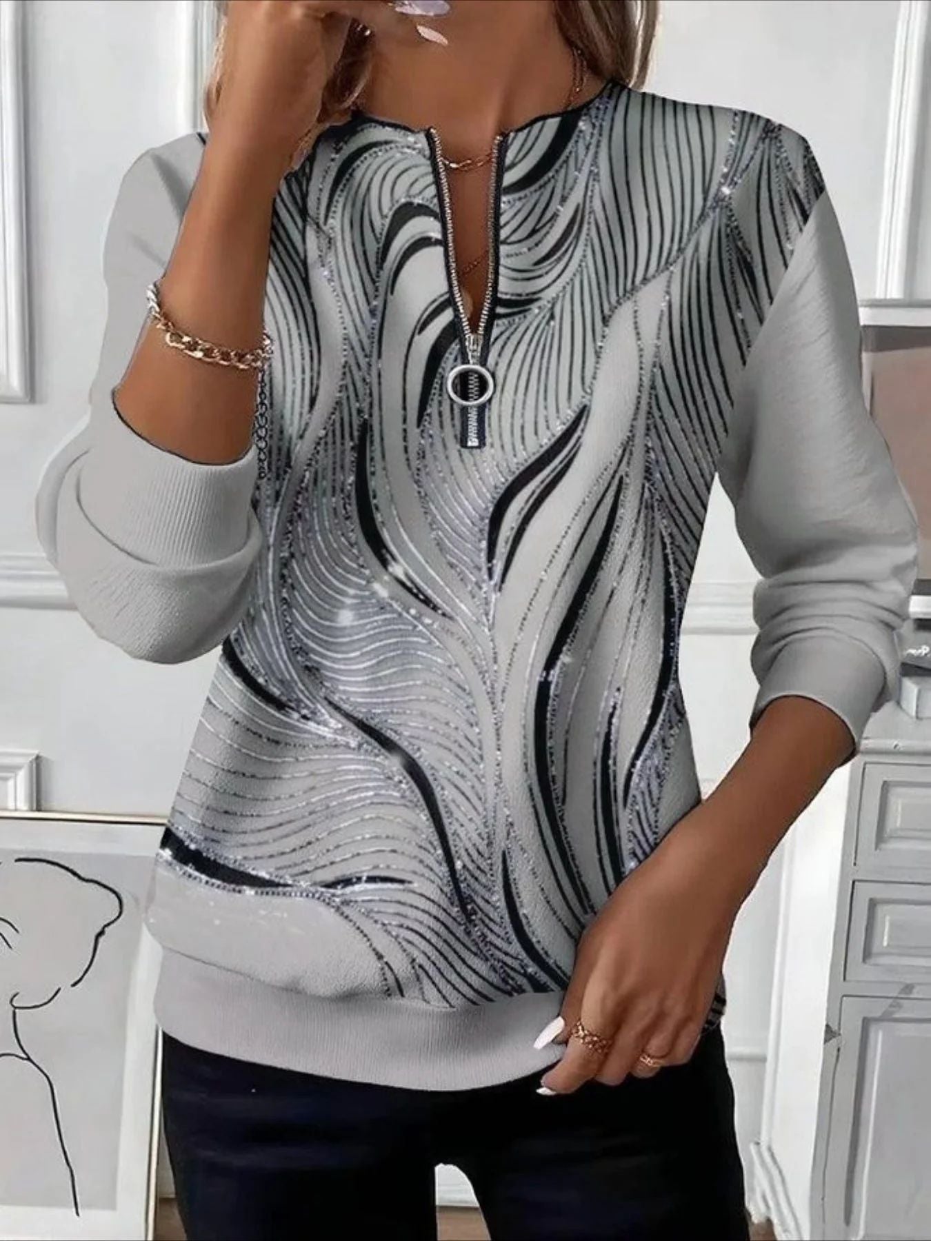 🔥【S-5XL】Damska koszulka z nadrukiem i zamkiem błyskawicznym przy dekolcie