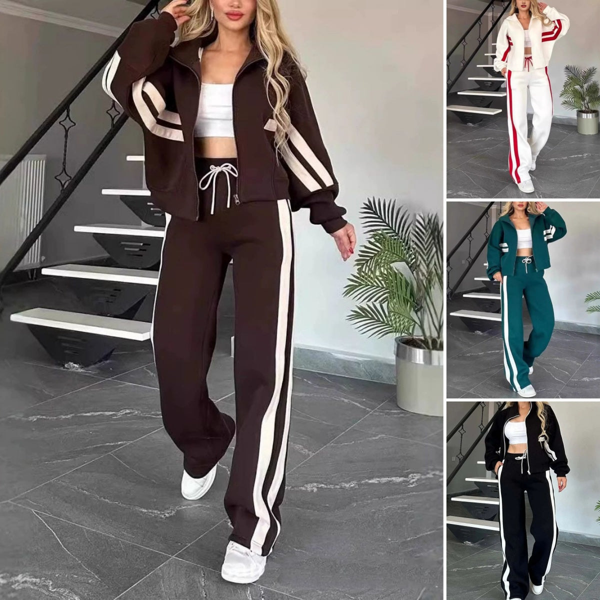 🔥🖤Dámska dvojdielna súprava z pruhovanej bundy so zipsom a ležérnych nohavíc🔥