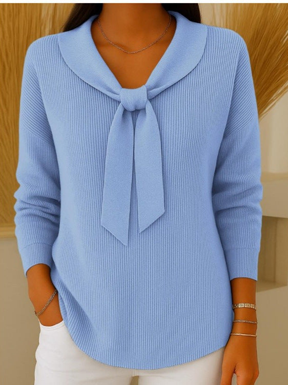 🎀【S-2XL】Dámsky jednofarebný sveter s dlhým rukávom a zaväzovaním v motýľovom vzore, ležérny a voľný strih.